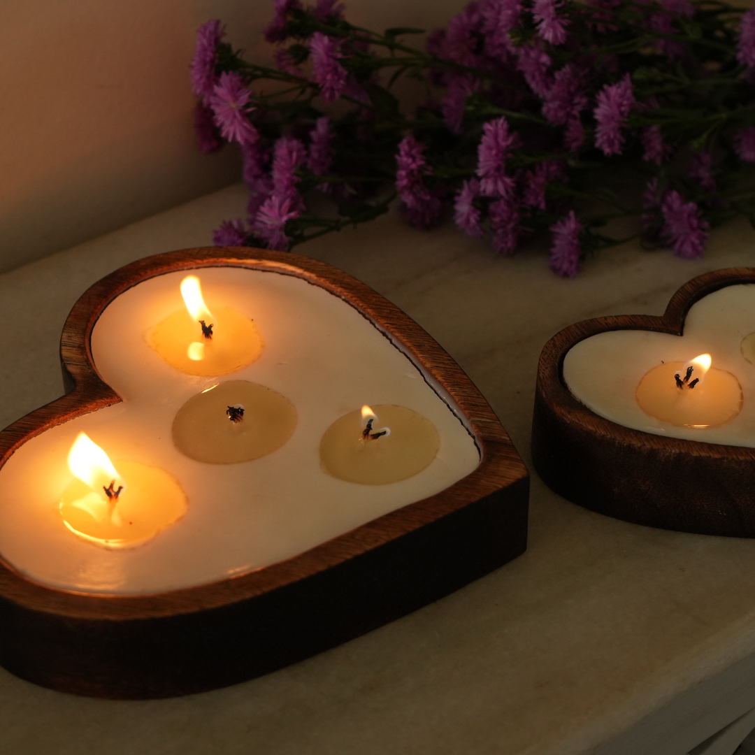 Soy Wax Candles in Heart Shaped Wooden Trays