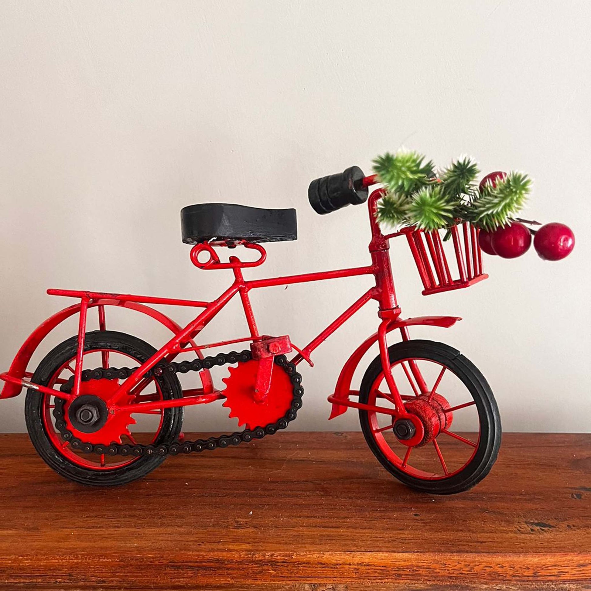 red bicycle miniature, red christmas cycle home decor,  miniature red cycle, red cycle with christmas tree