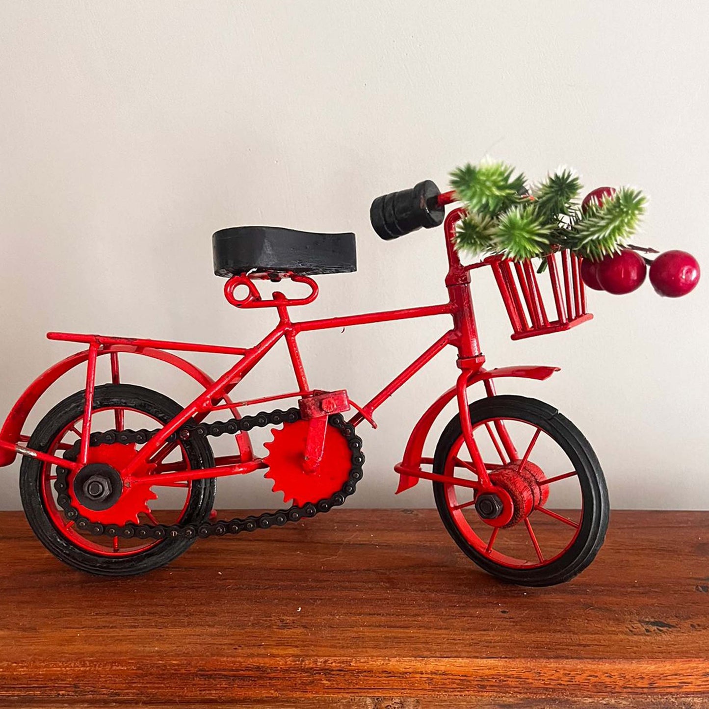 red bicycle miniature, red christmas cycle home decor,  miniature red cycle, red cycle with christmas tree