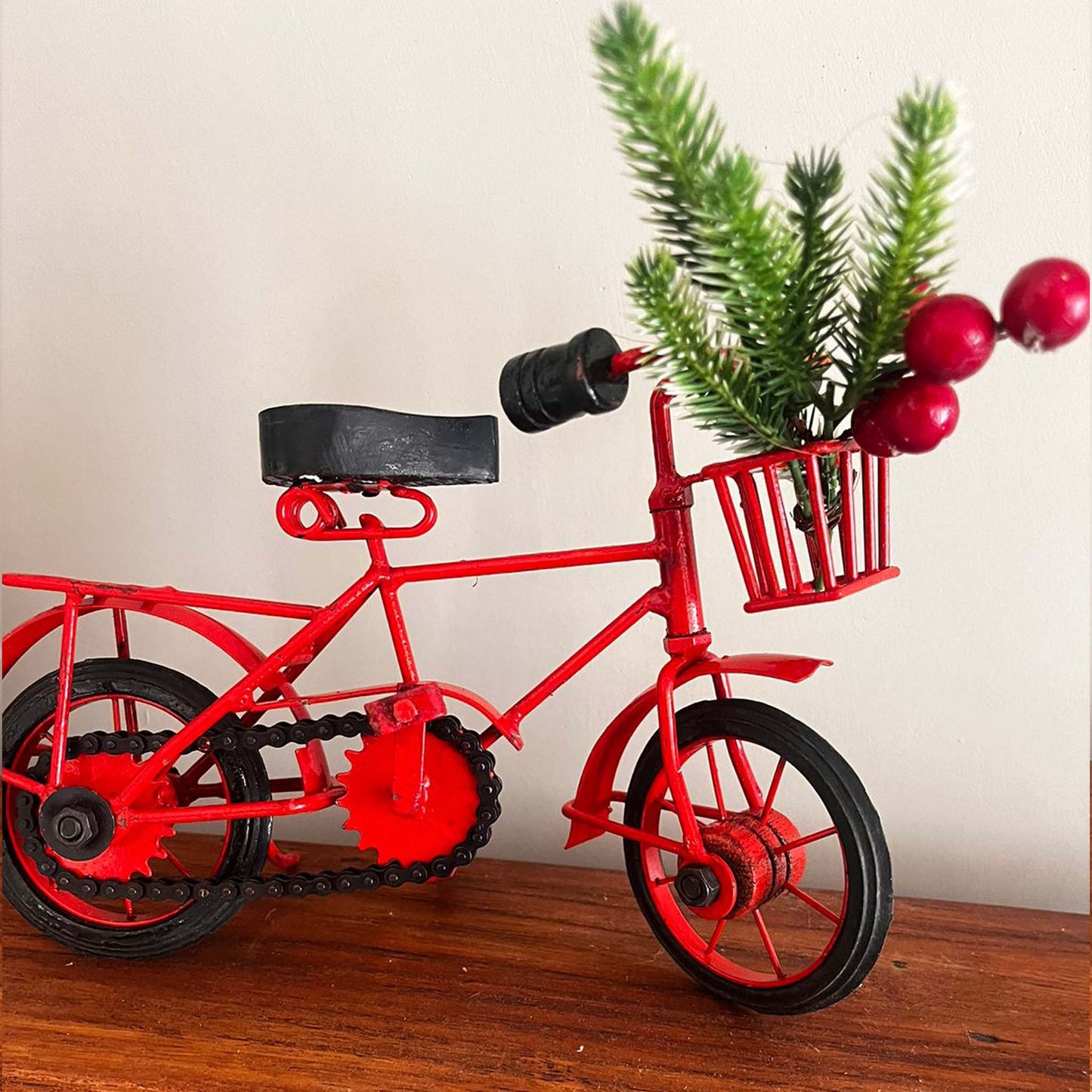 red bicycle miniature, red christmas cycle home decor,  miniature red cycle, red cycle with christmas tree