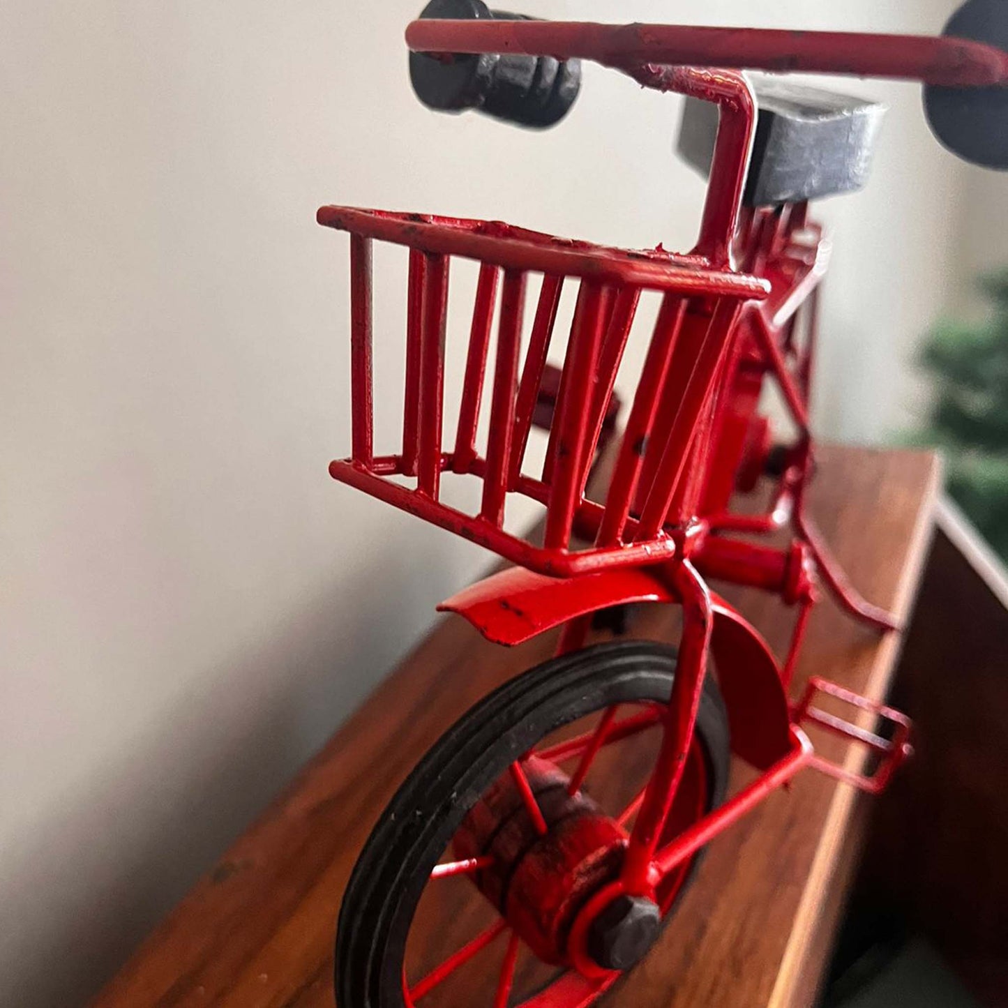 red bicycle miniature, red christmas cycle home decor,  miniature red cycle, red cycle with christmas tree