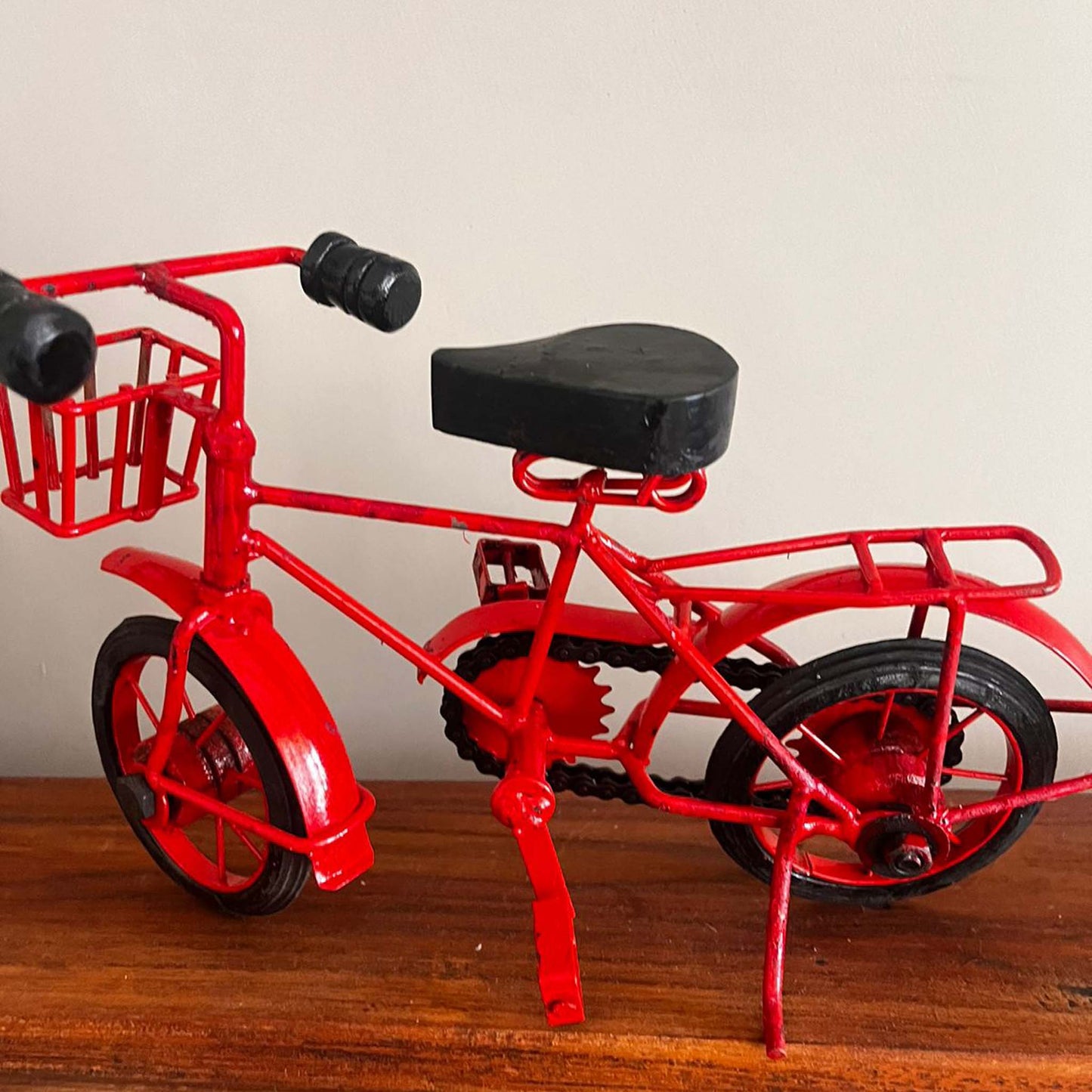 red bicycle miniature, red christmas cycle home decor,  miniature red cycle, red cycle with christmas tree