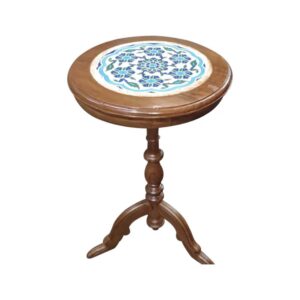 a side table in teak wood with ceramic inlay tile