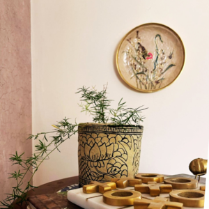 Bird design wall plate brass enamel